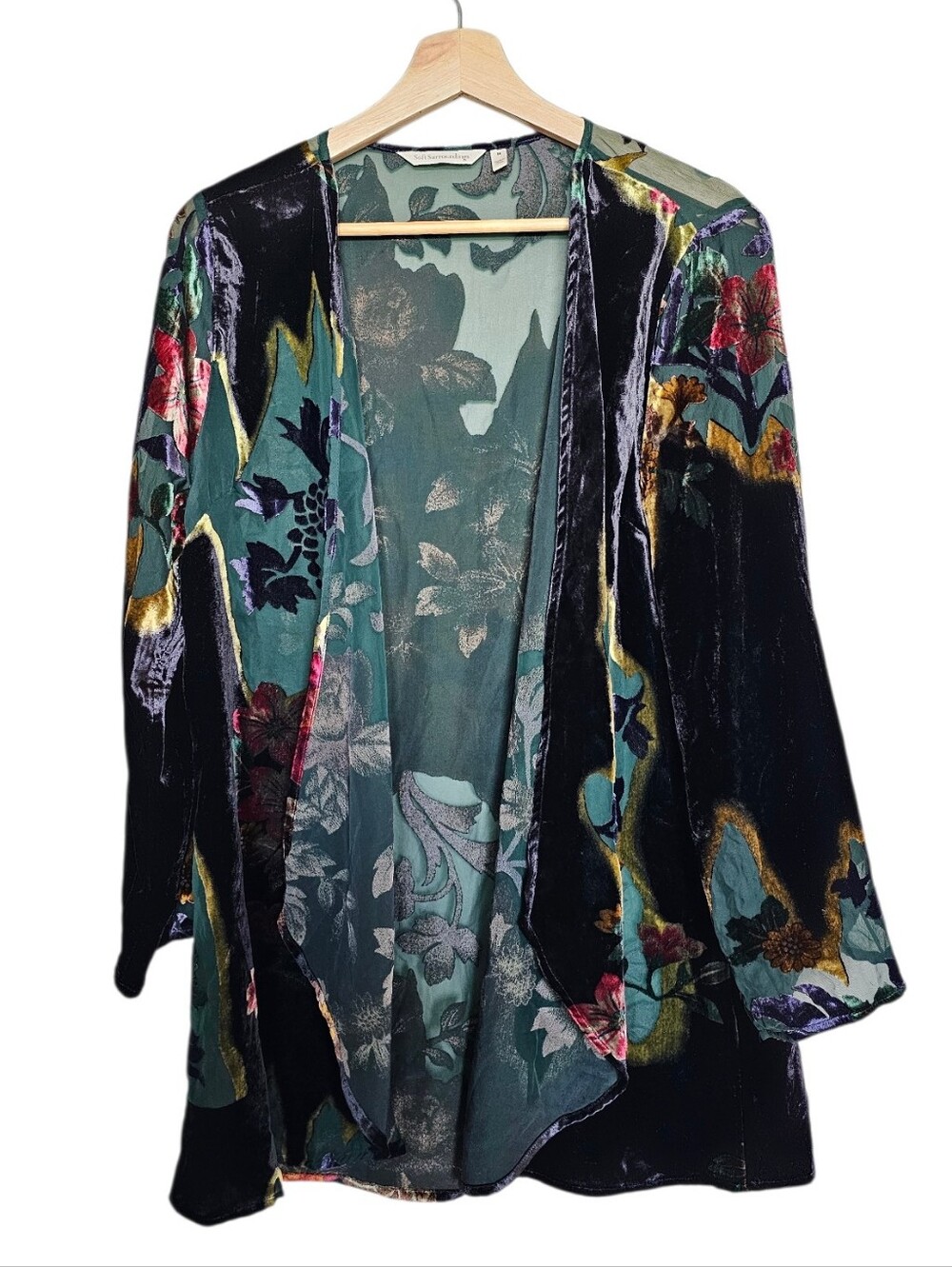 Soft Surroundings Teal and Black Velvet Floral Kimono Top Size Medium